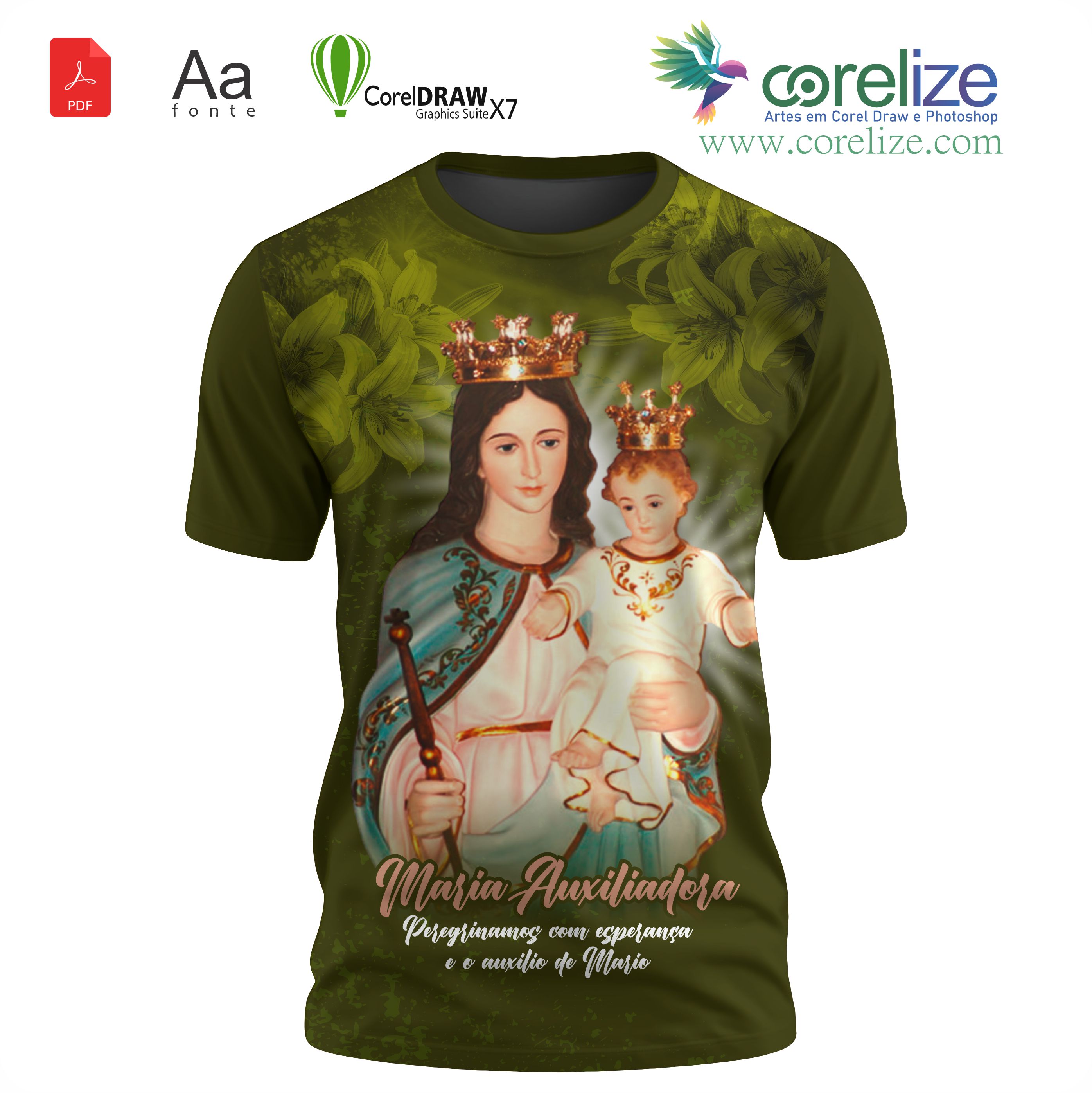 Arte Maria Auxiliadora  para sublimação de camiseta - arte digital para sublimação de camiseta (Mockups) | Corelize