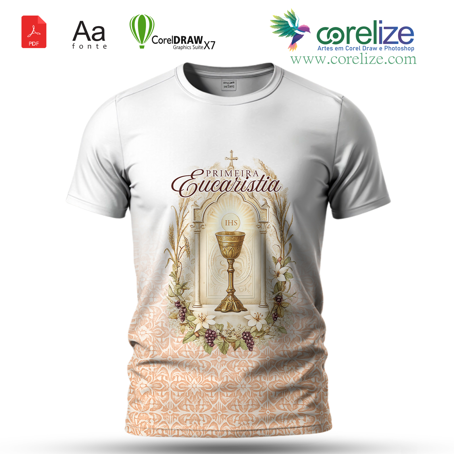 Arte Primeira Eucaristia 22 para sublimação de camiseta - arte digital para sublimação de camiseta (Religião) | Corelize