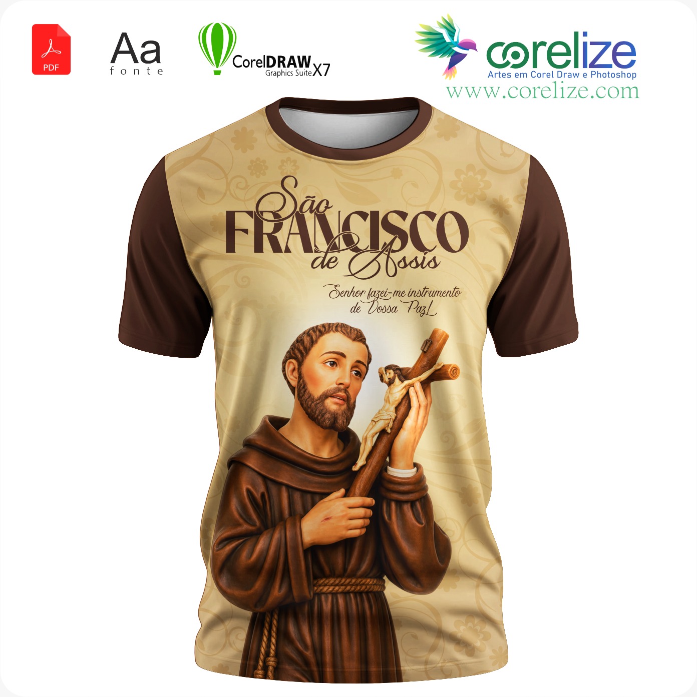 Arte São Francisco de Assis 14 para sublimação de camiseta - arte digital para sublimação de camiseta (Religião) | Corelize