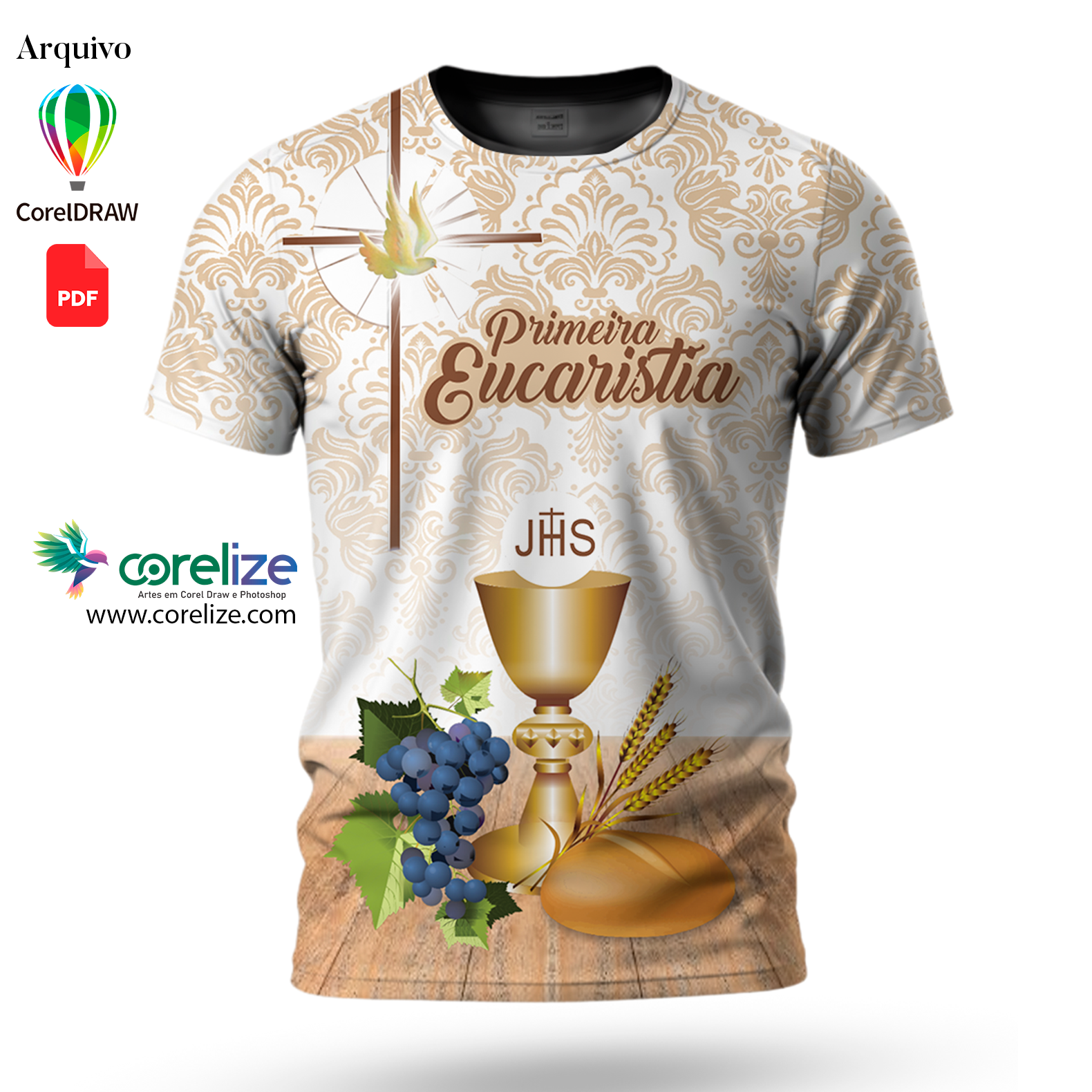 Arte: Arte Primeira Eucaristia dourado  02 para sublimação de camiseta