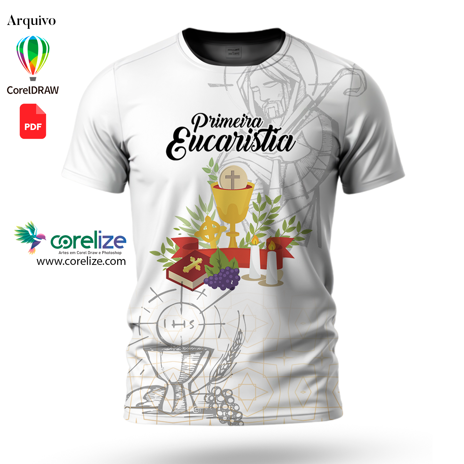 Arte: Arte Primeira Eucaristia dourado  04 para sublimação de camiseta