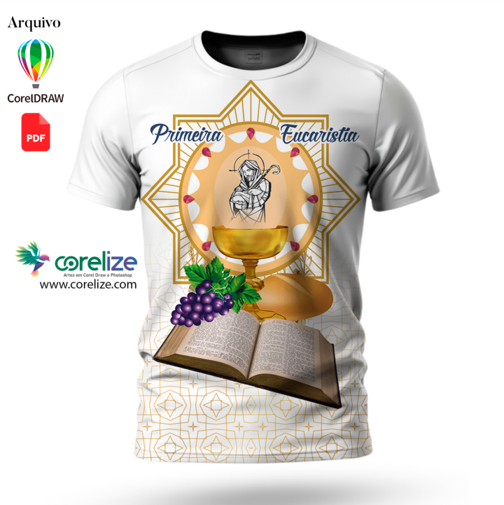 Arte: Arte Primeira Eucaristia dourado 05 para sublimação de camiseta