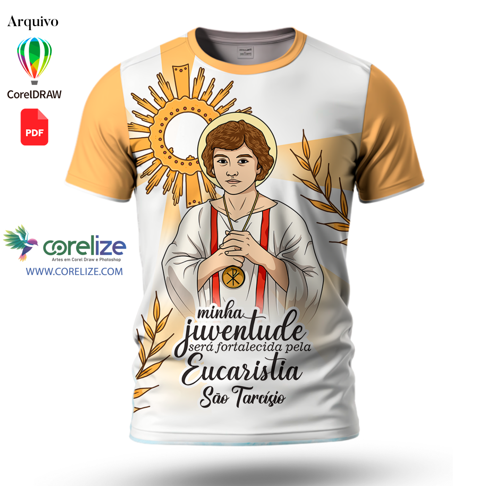 Arte: Arte Primeira Eucaristia dourado 05 para sublimação de camiseta
