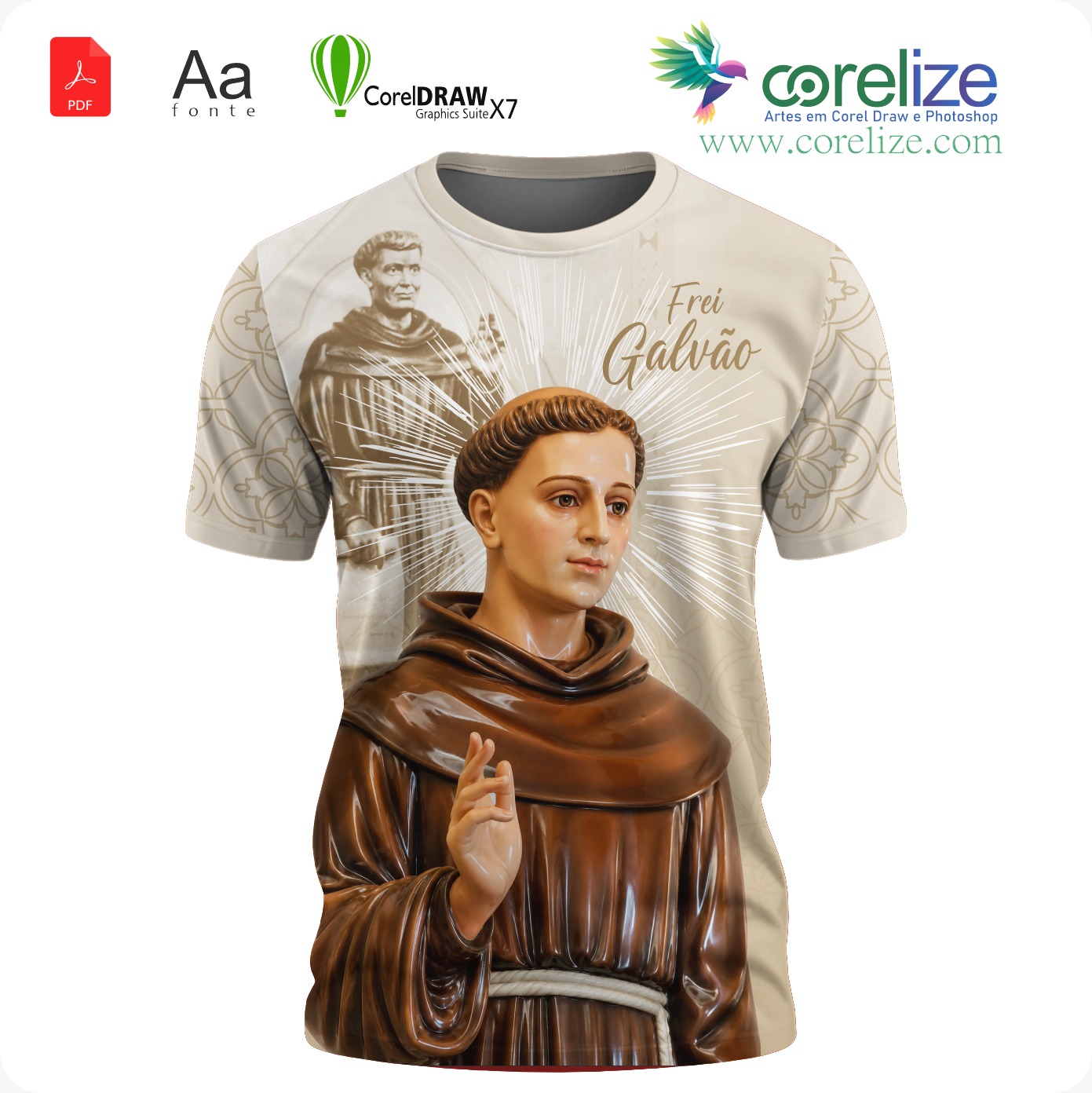Arte Padroeiro Frei Galvão  para produção de Camiseta Sublimação Total