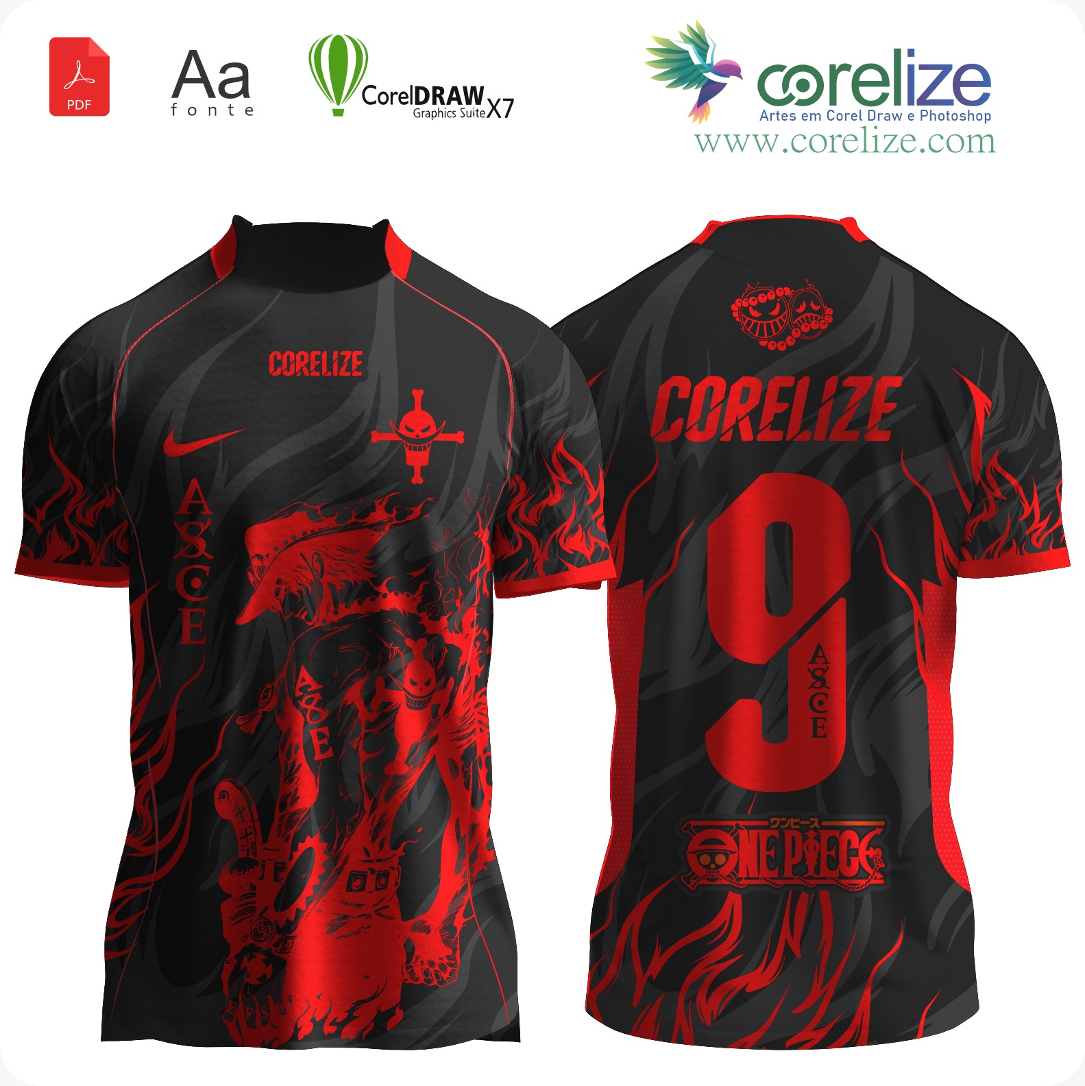 Arte Portgas D. Ace  One Piece futebol para sublimação de camiseta